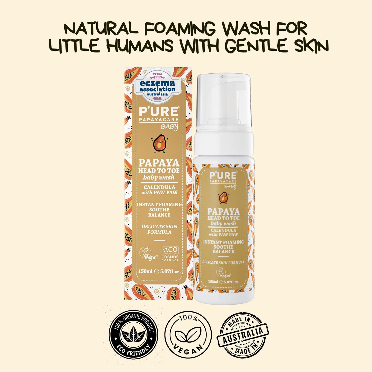 Baby Head to Toe Wash - Organic Baby Body Wash for Sensitive Skin 150ml Baby Shampoo - P'URE Papayacare Natural & Organic skin care