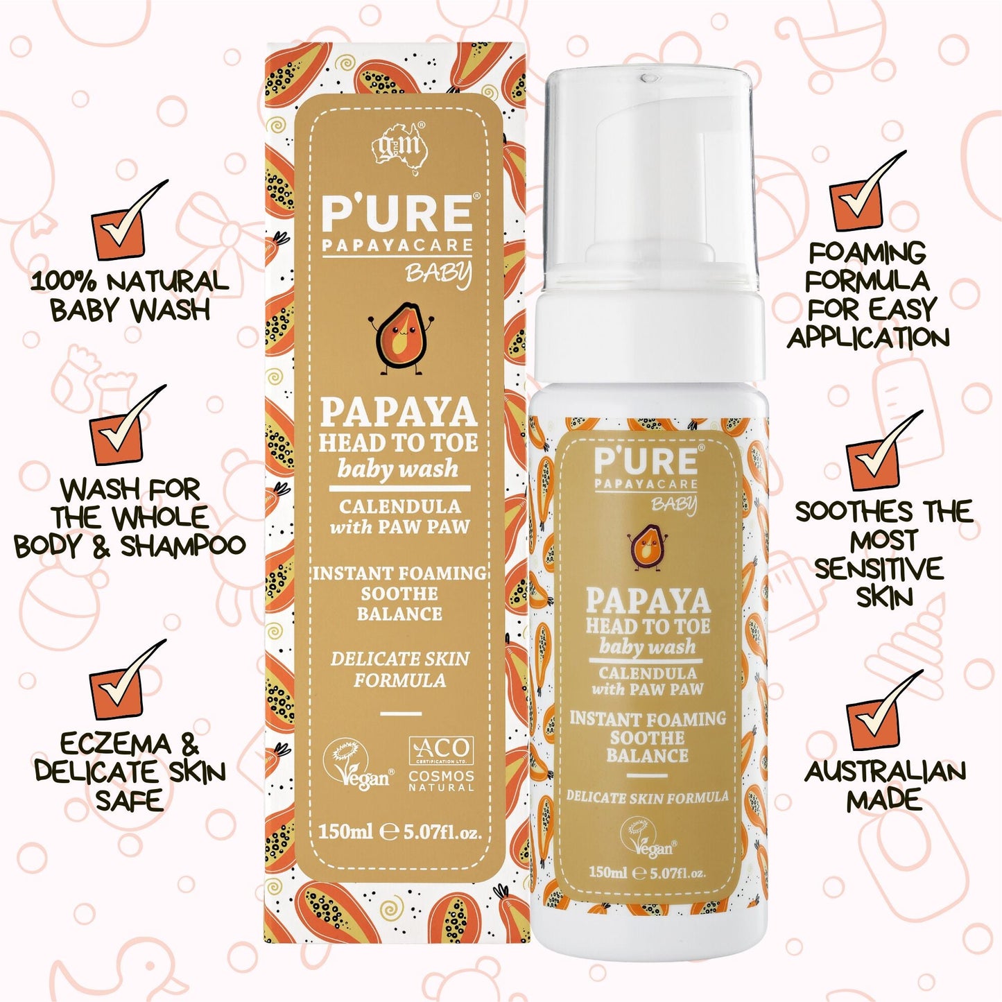 Baby Head to Toe Wash - Organic Baby Body Wash for Sensitive Skin - P'URE Papayacare Natural & Organic skin care
