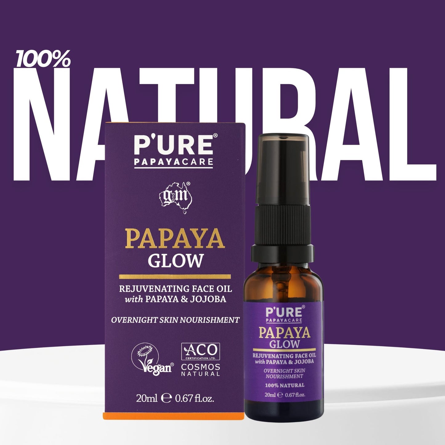 Natural Overnight Face Oil 20ml Papaya Glow Non - Comedogenic Facial Oil - P'URE Papayacare Natural & Organic skin care