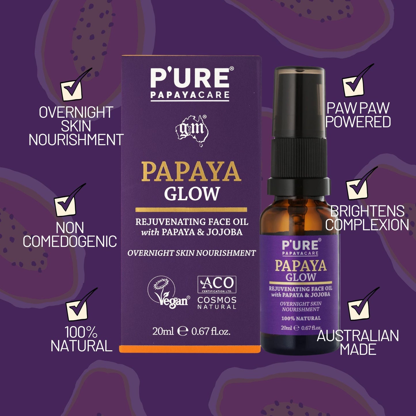 Natural Overnight Face Oil 20ml Papaya Glow Non - Comedogenic Facial Oil - P'URE Papayacare Natural & Organic skin care