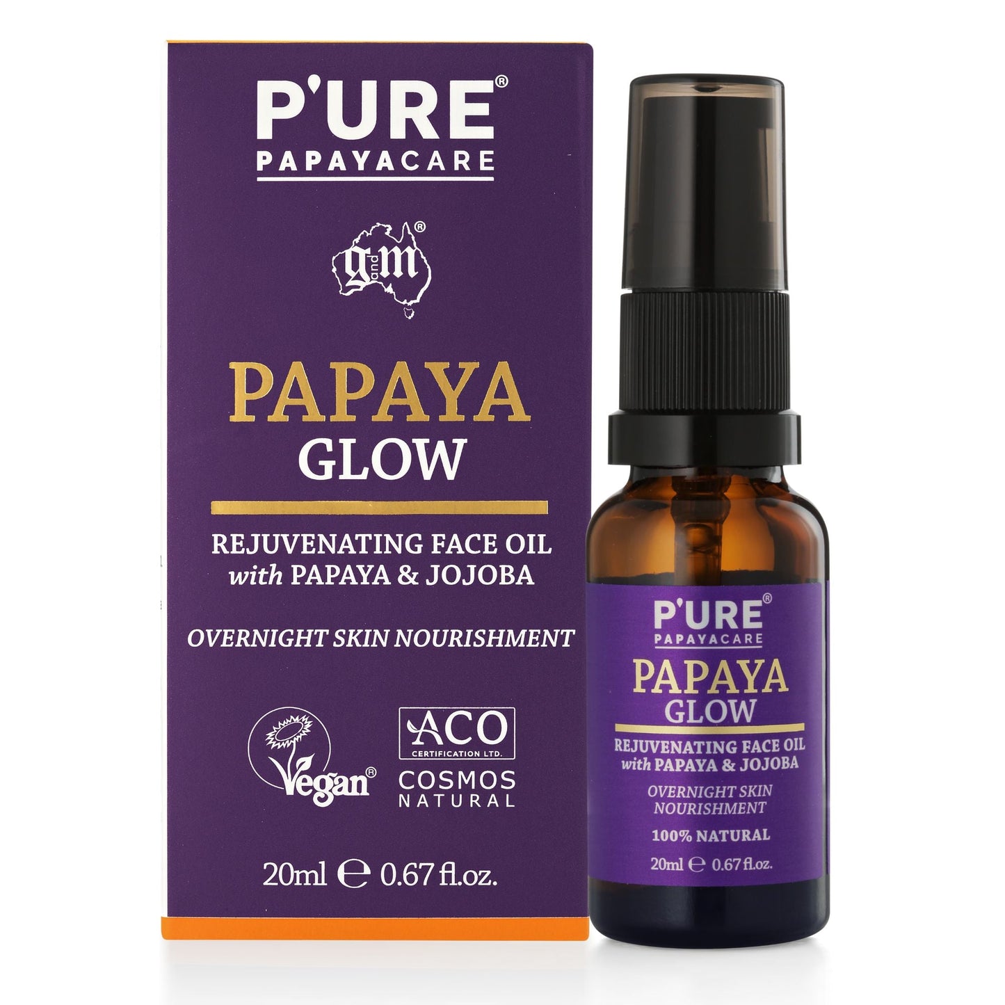 Natural Overnight Face Oil 20ml Papaya Glow Non - Comedogenic Facial Oil - P'URE Papayacare Natural & Organic skin care