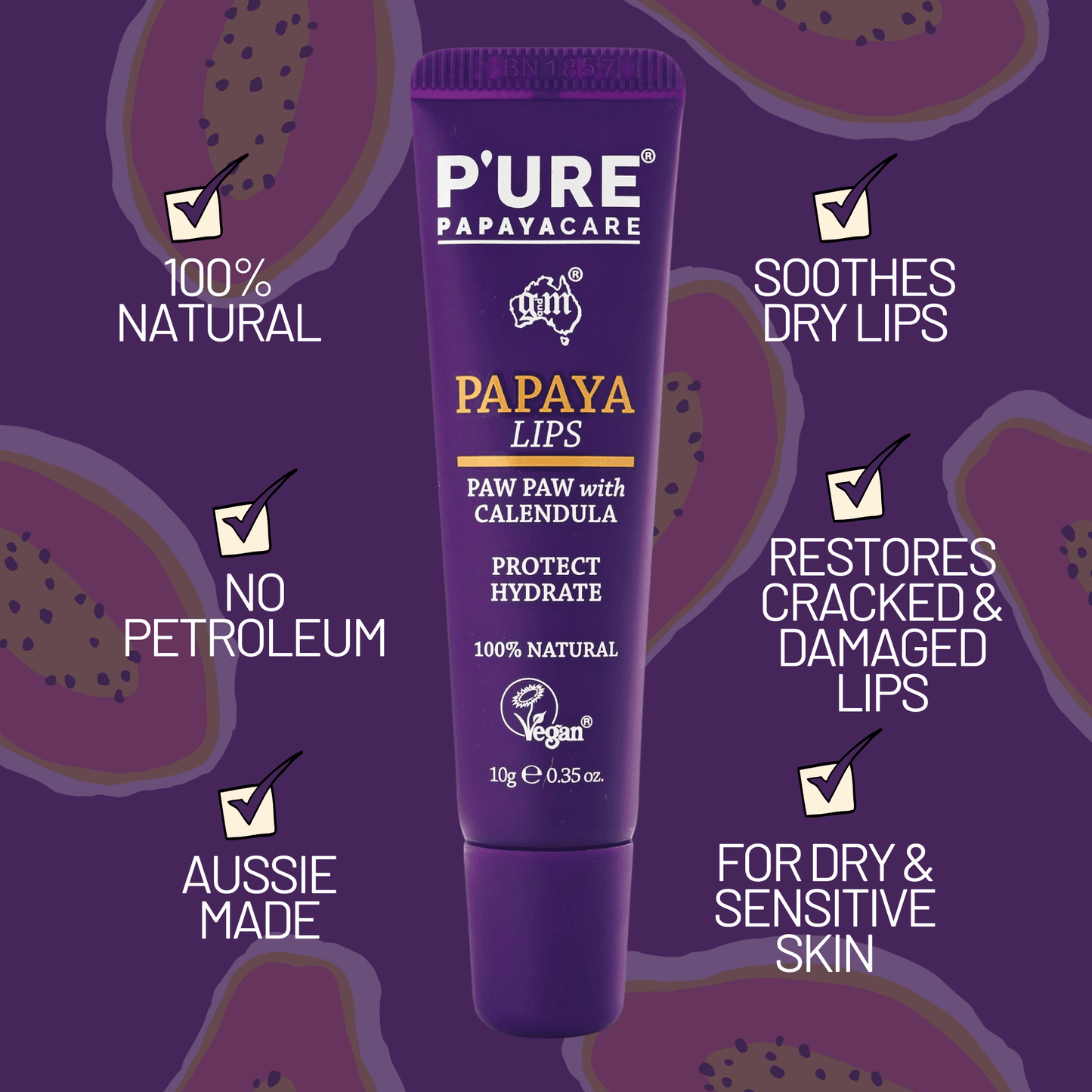 Paw Paw Lip Balm 10g Natural & Vegan Lip Balm for Dry Lips - P'URE Papayacare Natural & Organic skin care