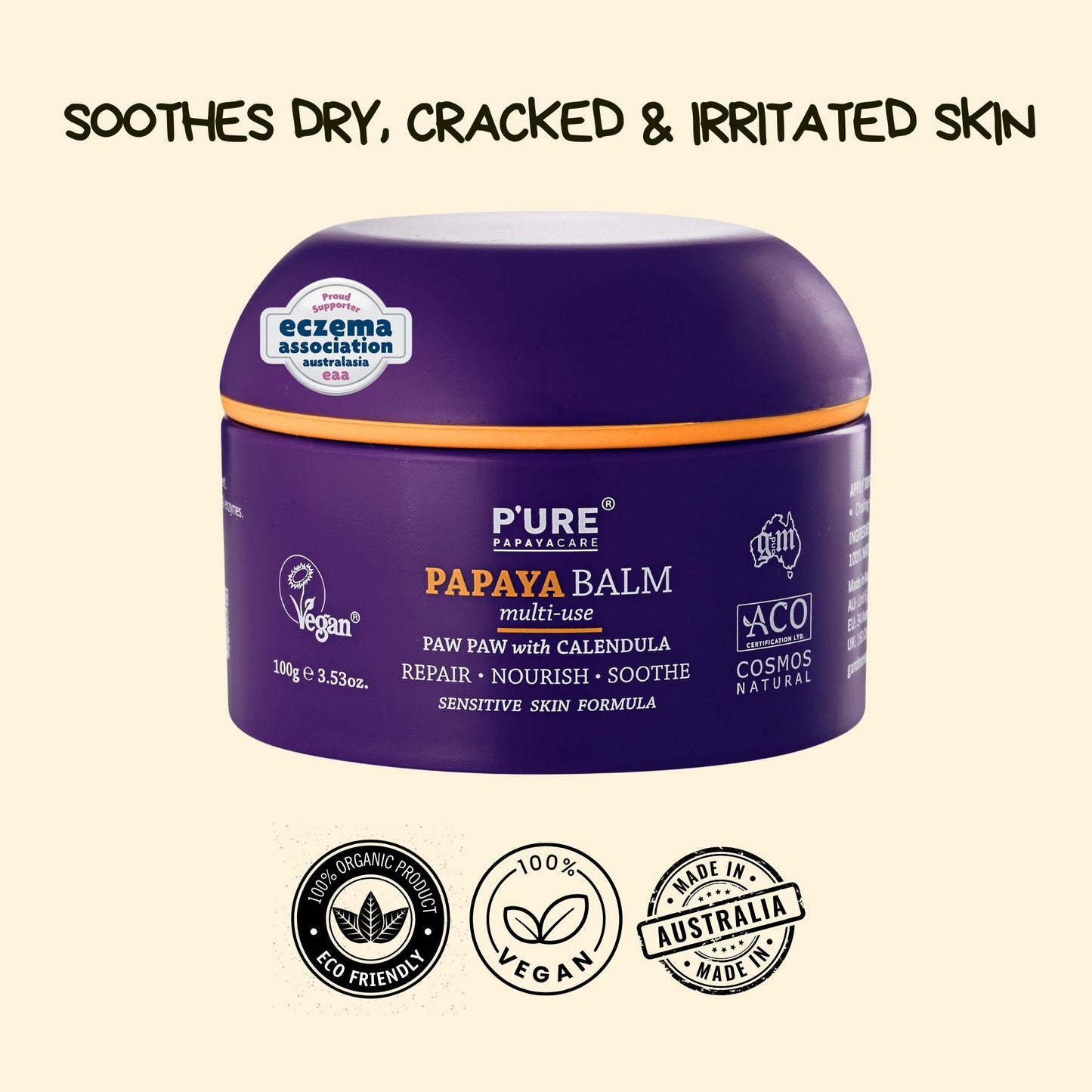 Paw Paw Natural Balm 100g Natural Skin Repair for Dry, Cracked, Damaged & Eczema Prone Skin - P'URE Papayacare Natural & Organic skin care