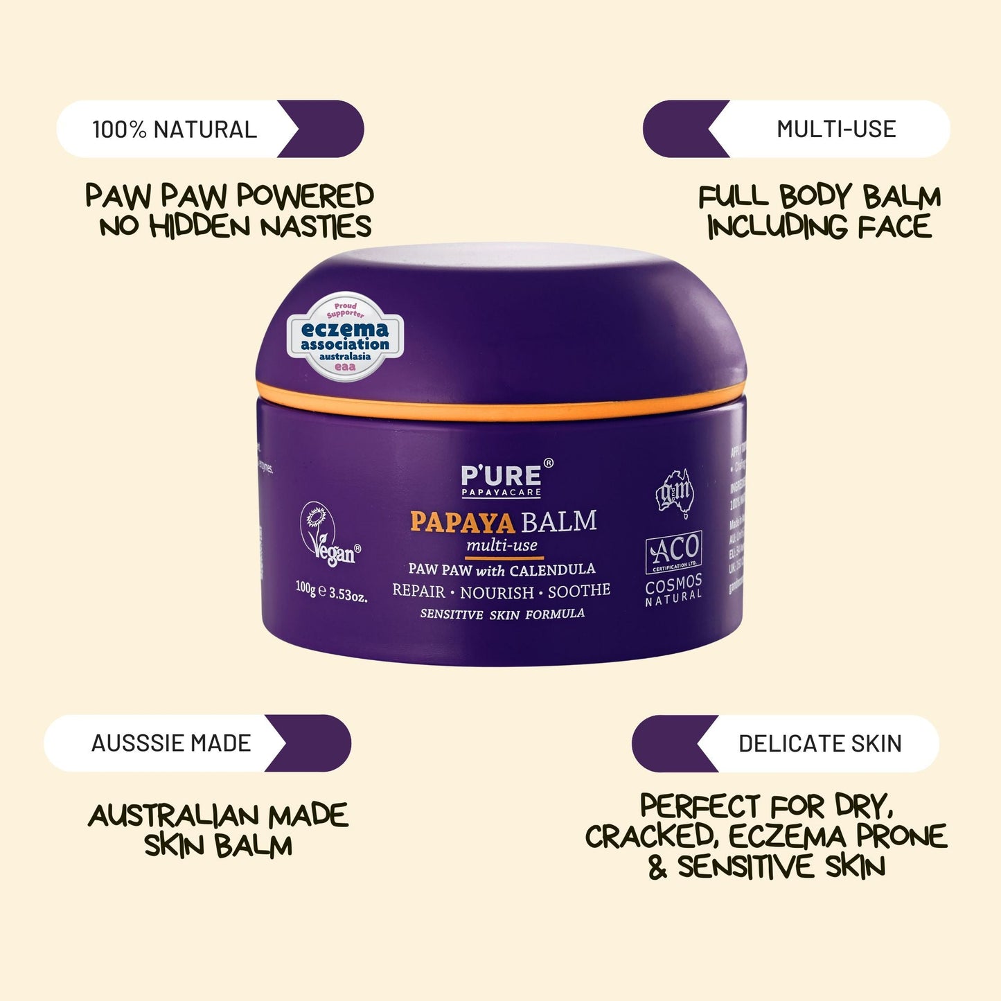 Paw Paw Natural Balm 100g Natural Skin Repair for Dry, Cracked, Damaged & Eczema Prone Skin - P'URE Papayacare Natural & Organic skin care