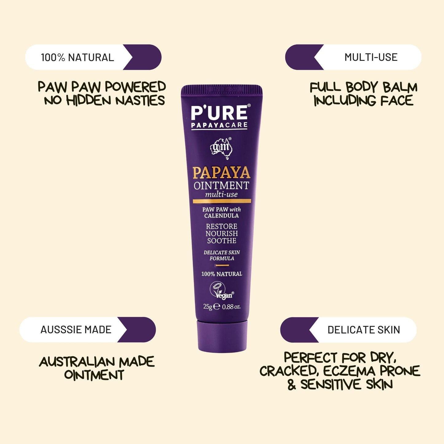Paw Paw Ointment Multi - Use Pawpaw Balm 25g Natural Cracked Skin Remedy - P'URE Papayacare Natural & Organic skin care