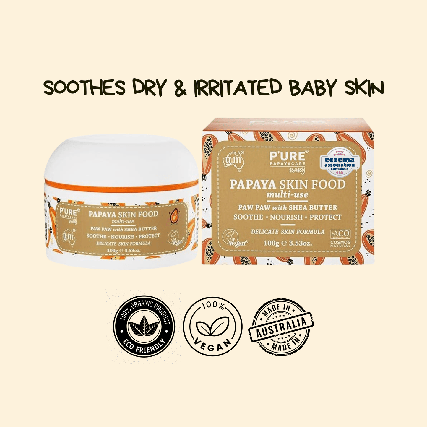 Baby Dry Skin, Nappy Rash, Cradle Cap Treatment 100g Papaya Skin Food - P'URE Papayacare Natural & Organic skin care