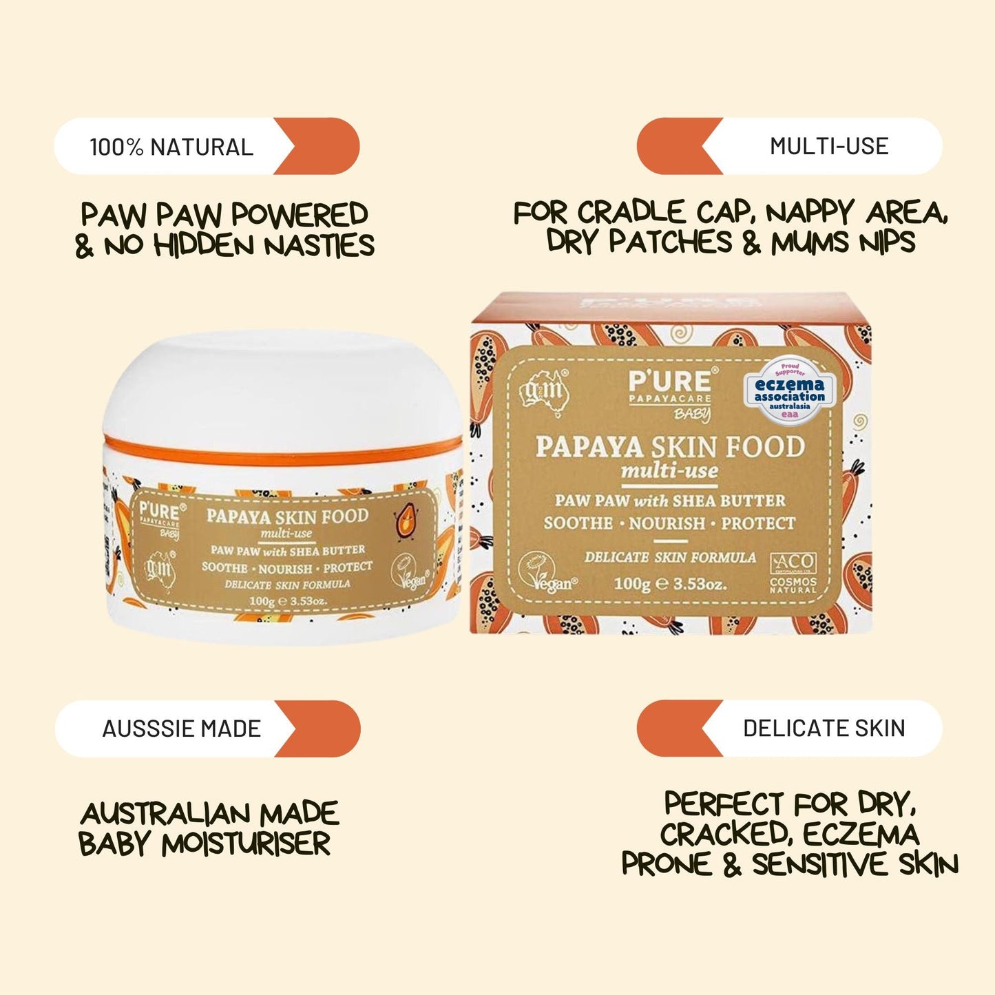 Baby Dry Skin, Nappy Rash, Cradle Cap Treatment 100g Papaya Skin Food - P'URE Papayacare Natural & Organic skin care