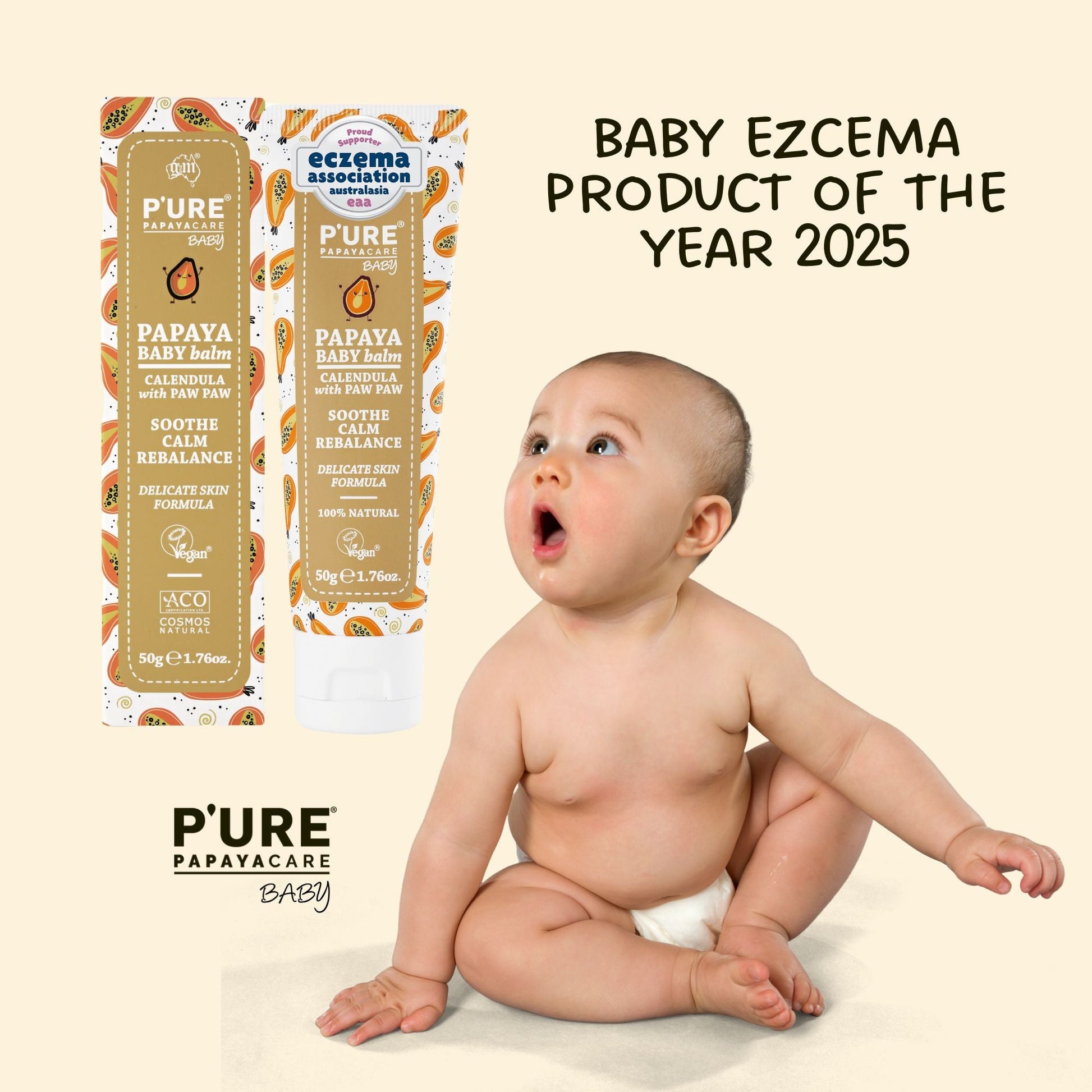 Organic Natural Paw Paw Baby Balm for Dry Skin, Cradle Cap & Nappy Rash 50g Baby Ezema & Dry Skin Balm - P'URE Papayacare Natural & Organic skin care