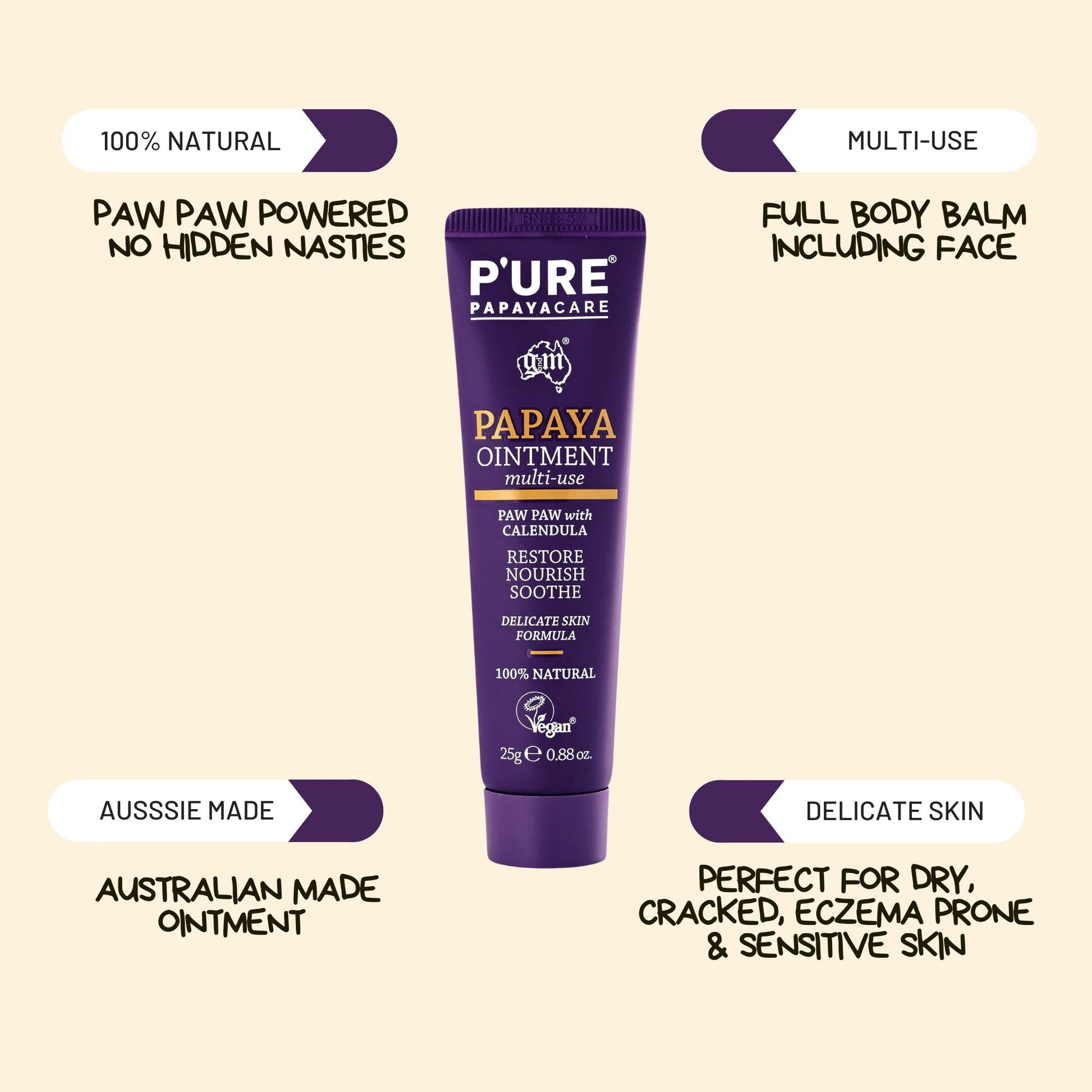 Paw Paw Ointment Multi - Use Pawpaw Balm 25g Natural Cracked Skin Remedy - P'URE Papayacare Natural & Organic skin care